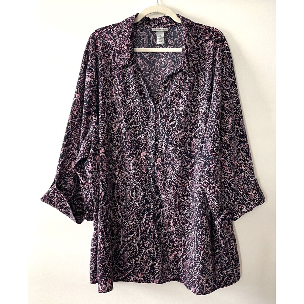 Catherines Paisley Button Front Roll Tab 3/4 Sleeve Blouse Pink Size 30/32W